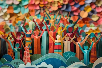 Cooperation depicted in an interactive paper art sculpture inviting viewers to rearrange elements symbolizing the collective effort in building a better society
