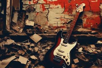 Electric guitar and musical notes collage in fine art poster style with artistic design