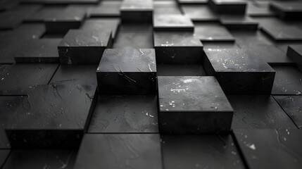 Detailed shot of black textured patterned tiles with water droplets glistening on the surface