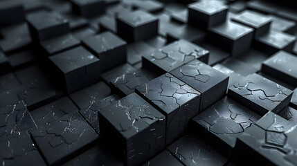 An artistic close-up shot showcasing the reflective, wet surface of black blocks, with a play of light - obrazy, fototapety, plakaty