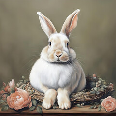 a funny cute rabbit sits in a wreath of flowers and branches on a gray background. fluffy rabbit with long ears sits among flowers