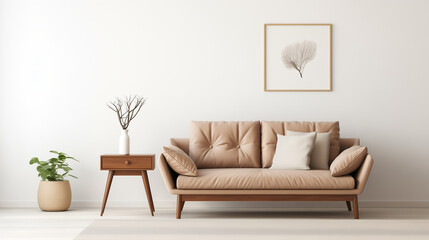 Stylish living room interior with brown leather sofa, wooden table, houseplant, and coral wall art