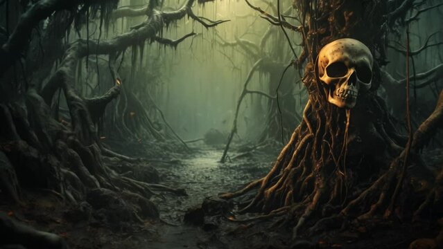 Frightening Halloween scene, scary picture background. Forest with a skull