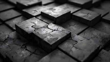 An artistic close-up of a single cracked 3D black block with a blurred background