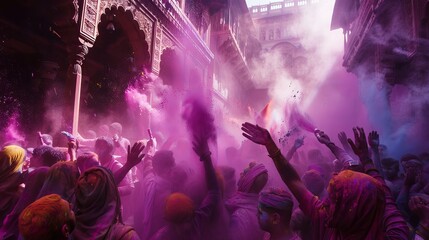 During India's Holi festival, participants celebrate by throwing vibrant powdered paint on each other in Mathura. - obrazy, fototapety, plakaty