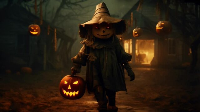 Frightening Halloween scene, scary picture background. Scarecrow with pumpkins