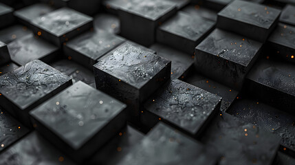 An atmospheric image showing raindrops on dark cubic shapes with moody lighting enhancing the dramatic effect