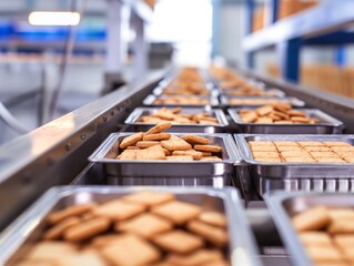 Industrial conveyor belt with freshly baked cookies at a food production facility.