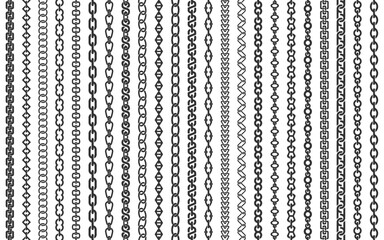 Set of chains and bracelets. Collection of design elements in the form of jewelry and decorative interlocking parts. Vector illustration - obrazy, fototapety, plakaty