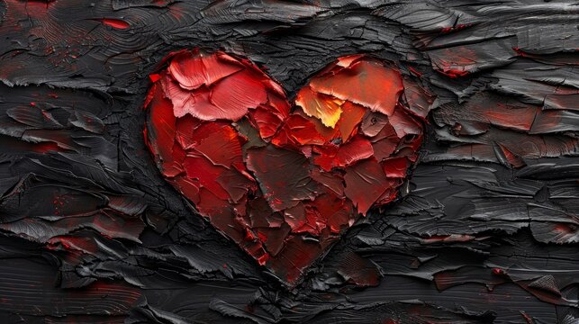 Cracked red heart on dark wooden background, symbolic image for emotions and relationships