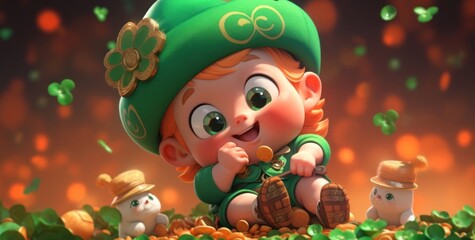 Little Boy in Green Hat Sitting on Pile of Gold Coins Generative AI