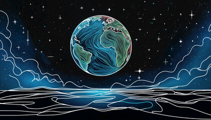 Drawing of the Earth as seen from the ocean, showcasing the blue expanse of water meeting the vast landmasses of our planet. Line art - obrazy, fototapety, plakaty