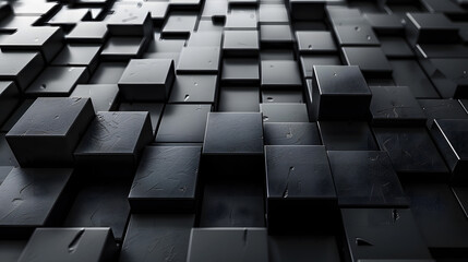 A striking image featuring black cubes with reflective surfaces arranged in a 3-dimensional pattern and subtle light variations