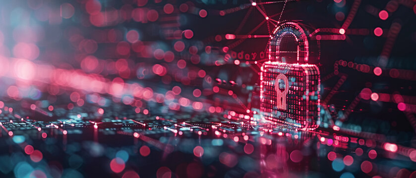 Cybersecurity concept with a digital lock on a virtual background, symbolizing the protection of digital data and online privacy.