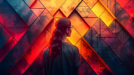 A back view of a woman staring at a wall of glowing triangular panels shifting from warm to cool tones, symbolizing decision and contemplation - obrazy, fototapety, plakaty