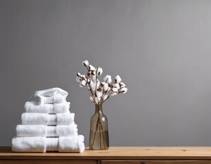 A stack of white clean terry towels on a wooden bedside table. - obrazy, fototapety, plakaty