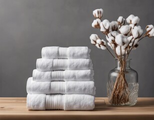A stack of white clean terry towels on a wooden bedside table.