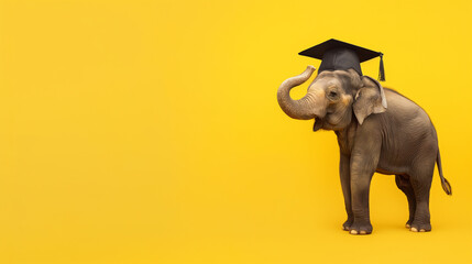 Elefante vestindo beca de formatura e chapéu isolado no fundo amarelo