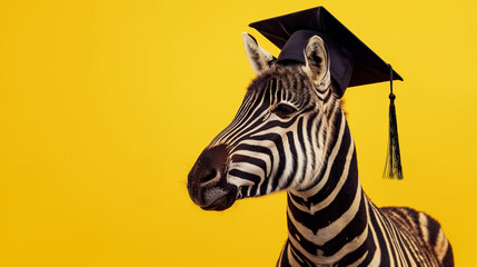 Zebra vestindo beca de formatura e chapéu isolado no fundo amarelo - obrazy, fototapety, plakaty