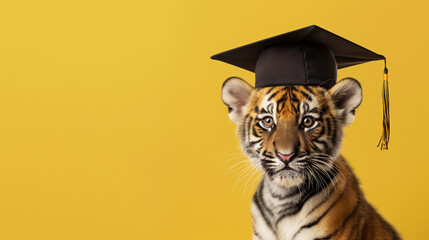 Filhote de tigre fofo vestindo beca de formatura e chapéu isolado no fundo amarelo - obrazy, fototapety, plakaty