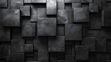 An array of black cubed tiles with diverse heights and visible weathering effects - obrazy, fototapety, plakaty