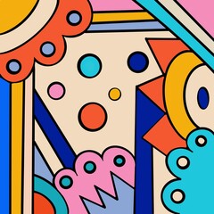 Bold abstract art with colorful geometric shapes and whimsical florals on a pastel background, retro, memphis style