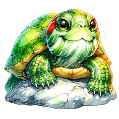 Fototapeta premium An illustration of Red-eared slider cute turtle resting on a rock, rendered in watercolor style.