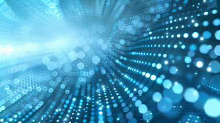 An abstract dot and line grid illustrating technology connected to each other to form a network. Light blue theme and concept.