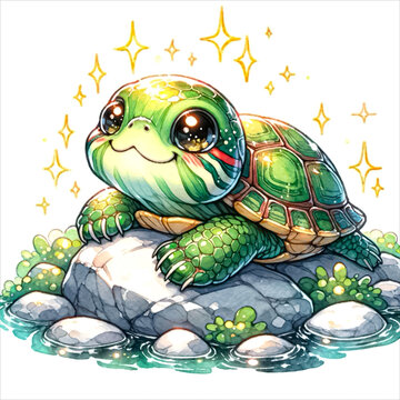 An illustration of Red-eared slider cute turtle resting on a rock, rendered in watercolor style.