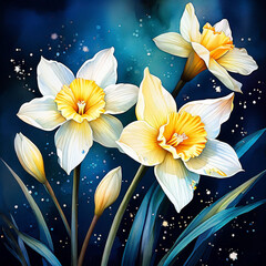 watercolor daffodil flowers - 764044118