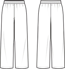 Technical flat sketch of Wide pants. Elasticated waistband sweatpants. Shirring detailed pull-on pants. Front and back apparel. Vector mock up Template. 