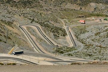 Los Caracoles desert highway, with many curves, in the Andes mountains