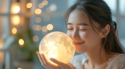Naklejka premium Portrait of young woman holding moon light lamp glowing in hand.