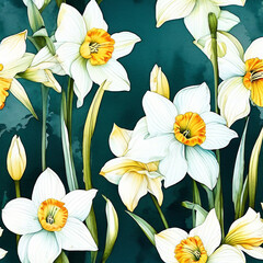 seamless floral daffodil flowers pattern - 764044199