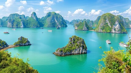 Halong bay  unesco world heritage site with limestone islands and emerald waters in vietnam - obrazy, fototapety, plakaty