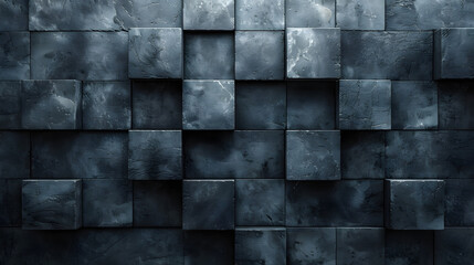 Soft light and shadows highlighting the texture of neatly arranged blue squares on a solid wall with a soothing presence