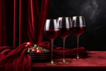 Top view wine glasses on black fabric with bright colors, space for text   realistic background - obrazy, fototapety, plakaty