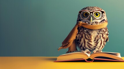 Owl before a solid colored background standing on a book. 