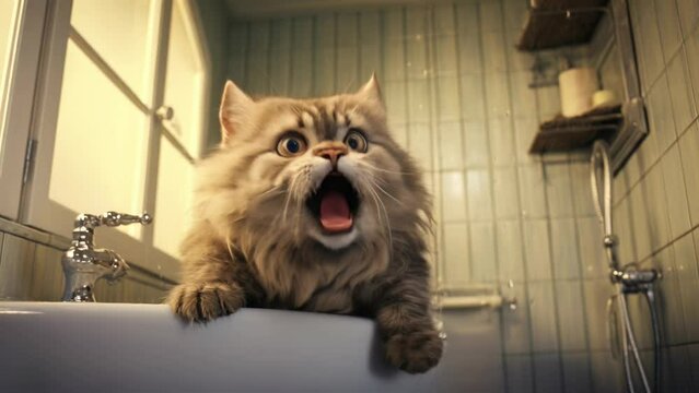 Hilarious feline panic during bath time.