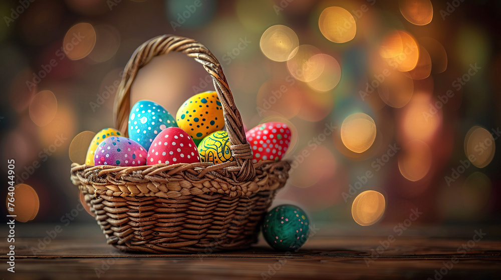 Wall mural happy easter greeting card with multicolor eggs basket and blurred photo effect background, holiday 