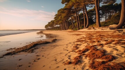 low tide beach in sunrise blue water at Ares at bassin d'Arcachon in Gironde france, AI generated - obrazy, fototapety, plakaty