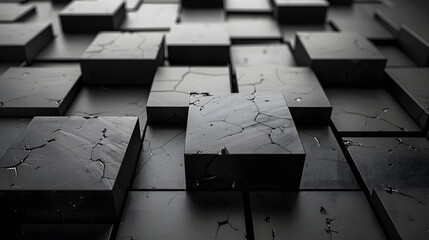 A dynamic and high-contrast image of black 3D textured cubes with stark shadows and highlights