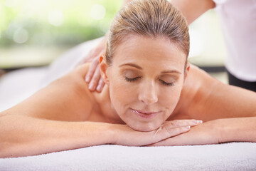 Obraz na płótnie Canvas Woman, hands and spa with massage therapist for calm peace for stress relief at zen resort, holiday or vacation. Female person, eyes closed and comfortable for healthy skincare, treatment or luxury