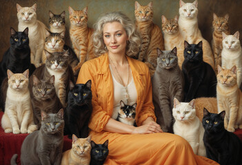 A dreamlike portrait of young beautiful woman surrounded by many cute kittens. Cat love, adopt, warm, comfort and cosiness concepts
