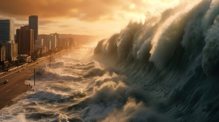 Apocalyptic Tsunami Wave, Huge Wave Sweeping a City, AI generated - obrazy, fototapety, plakaty