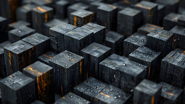 Digital creation of black 3D cuboid blocks with glistening raindrops adding a realistic wet surface texture