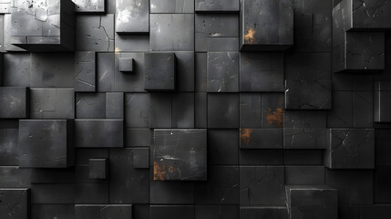 Image features 3D rendered blocks with a rugged, black texture and striking rust-colored accents