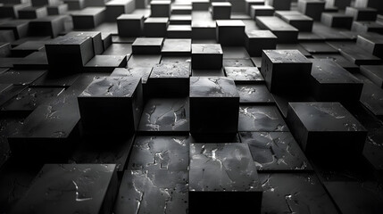 A monochromatic image featuring an array of black cubes with textured surfaces creating a pattern