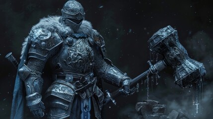 Fototapeta premium Strong medieval knight with a big hammer under the snowy and cold winter sky