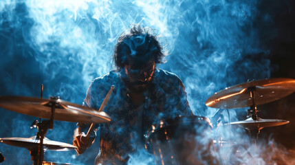 A man is playing a drum with smoke in the background